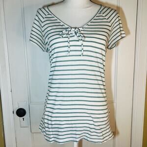 Blue Green White Lucky Brand Short Sleeve Striped V-Neck Lace Up Medium